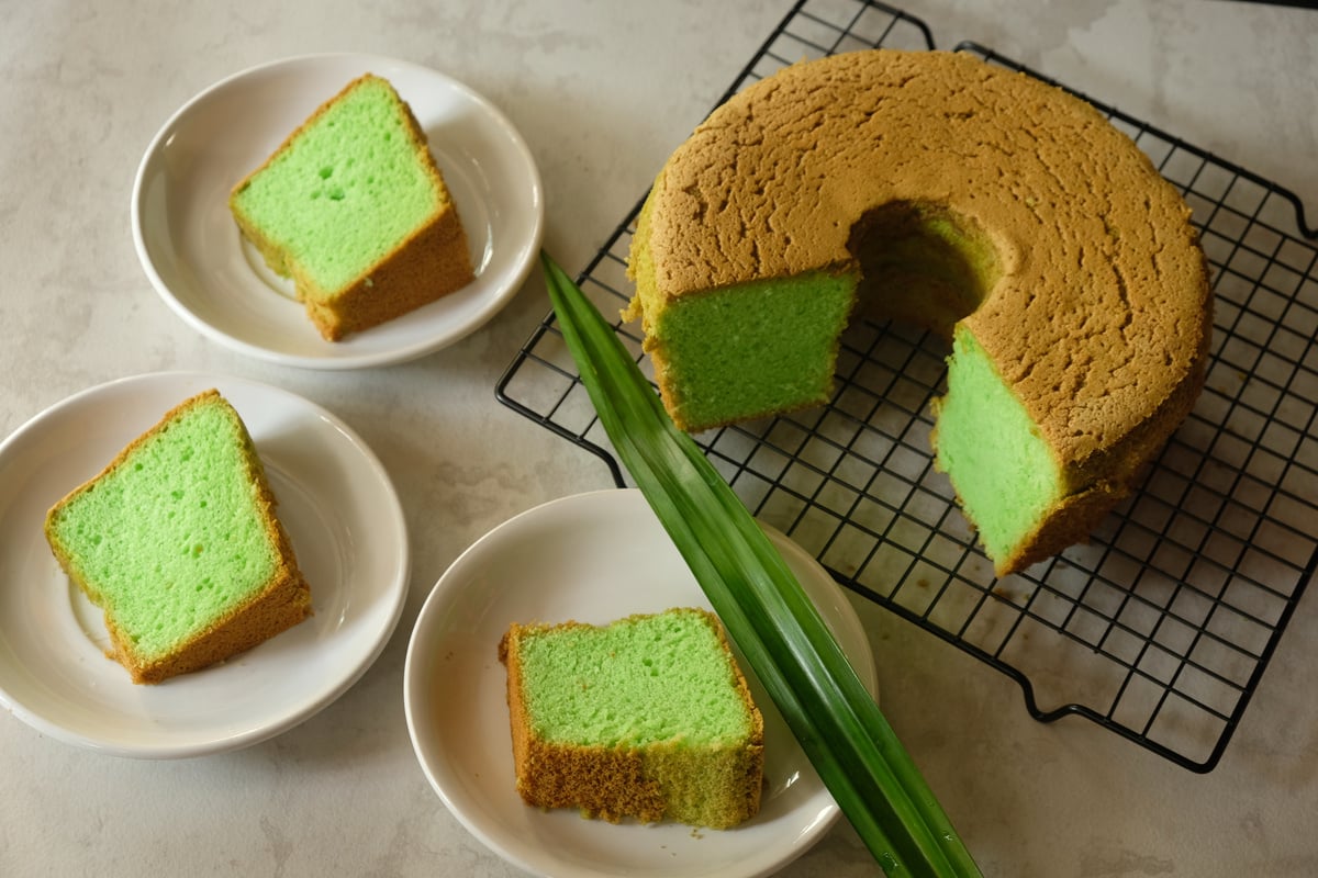 Bolu Pandan or Pandan sponge cake or chiffon cake, is Asian take on Western sponge cake in marble.